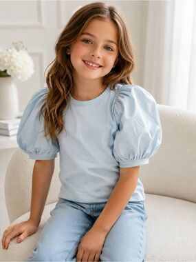 A Loves A Girls Top Kids Light Blue Puff Sleeve Cotton Crewneck Size S NWT